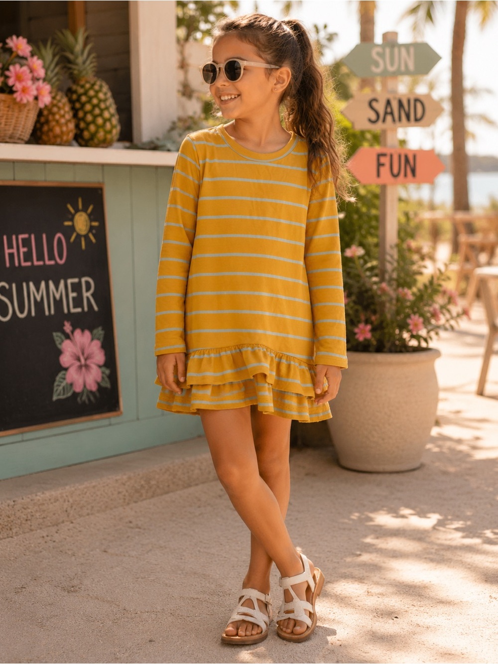 Amazon Essentials Yellow Stripe Long-Sleeve Ruffle Hem Top